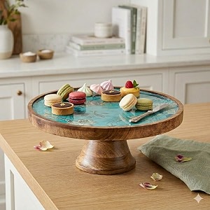 saaga artisan mango wood cake stand  decorative printed dessert platter for cakes pastries cupcakes amp snacks  handcrafted wooden serving stand for home parties amp celebrations  10 x 425 inch  brown amp blue