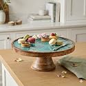 SAAGA Artisan Mango Wood Cake Stand | Decorative Printed Dessert Platter for Cakes, Pastries, Cupcakes &amp; Snacks | Handcrafted Wooden Serving Stand for Home, Parties &amp; Celebrations | 10 x 4.25 Inch | Brown &amp; Blue
