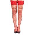 Sacina Floral Red Lace Red Thigh High Stockings, Red Lace Fishnet stockings, Elastic Hosiery Tights, Gothic Accessories