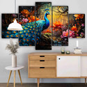 saf Beautiful Peacock Wall Painting | 5 Panel Nature Art | Modern MDF Decor Pack of 5