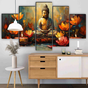 saf buddha wall painting  5 panel lotus candle art  meditation mdf wall decor pack of 5