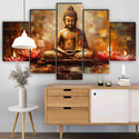 saf Buddha Wall Painting | 5 Panel Textured Lotus Art | Spiritual Home Decor Pack of 5