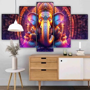 saf ganesh wall painting  5 panel vibrant neon ganpati art  spiritual decor pack of 5