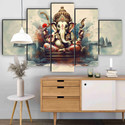 saf Ganesha Wall Painting | 5 Panel Divine Art | Spiritual Home Décor Pack of 5