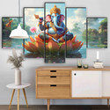 saf Ganesha Wall Painting | 5 Panel Divine Art | Spiritual Home Décor Pack of 5