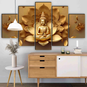 saf golden buddha wall painting  5 panel lotus artwork  mdf home decor pack of 5