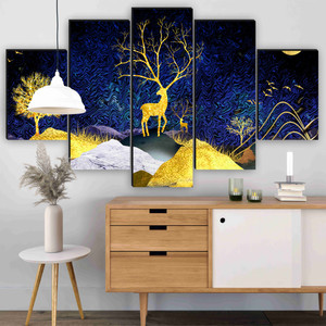 saf golden deer wall painting  5 panel blue night forest art  modern mdf decor pack of 5