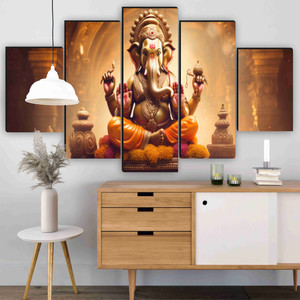 saf golden ganesh wall painting  5 panel temple theme art  spiritual mdf decor pack of 5