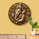 saf Golden Lord Ganesha 3D Round Wall Art for Home & Spiritual Decor Digital Reprint 23 inch x 23 inch Painting