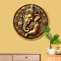 saf Golden Lord Ganesha 3D Round Wall Art for Home & Spiritual Decor Digital Reprint 16 inch x 16 inch Painting