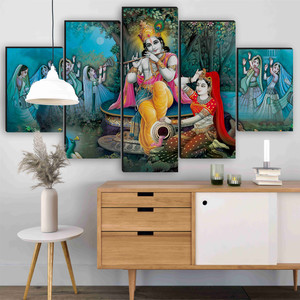 saf krishna rasleela 5 panel devotional wall painting for living room  temple pack of 5
