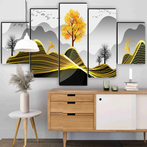 saf nature wall painting  5 panel golden tree  deer modern art  mdf decor pack of 5