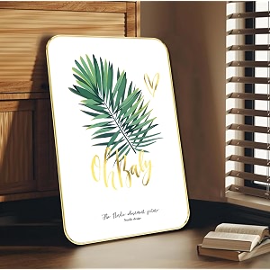 saf oh baby leaf wall art  green palm leaf with golden text  modern minimalist botanical wall decor for bedroom living room office  mdf wall hanging artwork 13 x 19 inch mg01-1001