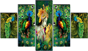 saf radha krishna with peacock 5-panel wall painting  divine spiritual decor pack of 5