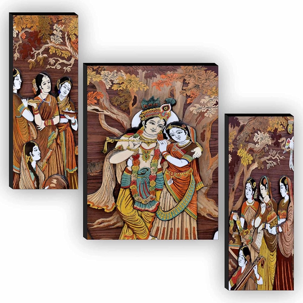 3-teiliges Radha Krishna Gemälde-Set – Mit Pfauen, UV-Struktur, Selbstklebend, Ideal Für Wanddekoration