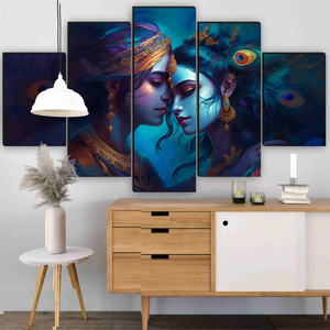 saf radha krishna wall painting  5 panel blue divine art  spiritual home decor pack of 5