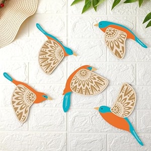 saf wooden 3d 5 pieces birds on rope wall art panel  wood bird folk art wall hanging art decoration item for living room bedroom drawing room dining room amp office black style 2