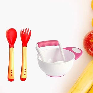 safe-o-kid bpa free baby feeding set  masher bowl with heat sensitive spoon for mess-free amp safe mealtime assorted
