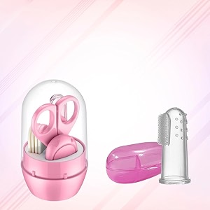 safe-o-kid bpa-free baby hygiene essentials  tongue cleaner soft teether with grooming kit pink