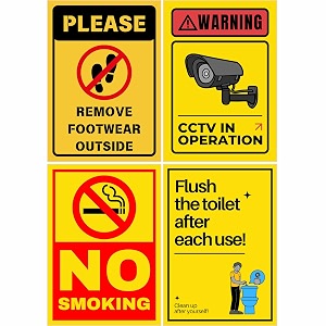 safety sign sticker pack of 4  cctv in operation no smoking remove footwear outside flush the toilet after use  self-adhesive wall sign boards with corner holes  205 x 145 cm combo medium -205 x 145 cm