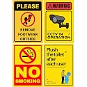 Safety Sign Sticker Pack of 4 | CCTV in Operation, No Smoking, Remove Footwear Outside, Flush the Toilet After Use | Self-Adhesive Wall Sign Boards with Corner Holes | 20.5 x 14.5 cm (Combo, Medium -20.5 x 14.5 CM)