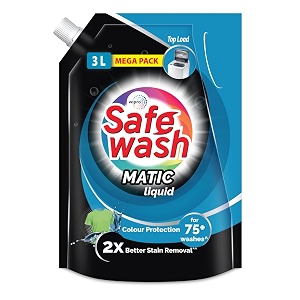 safewash top load matic premium liquid detergent refill pouch  colour protect technology  2x stain removal  suitable for all fabrics  3l or above