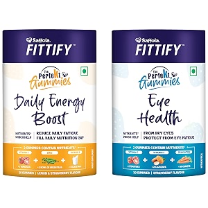 saffola fittify the perfekt daily energy boost gummies  30 gummies  lemon amp strawberry flavour amp saffola fittify the perfekt eye care gummies  30 gummies  strawberry flavour