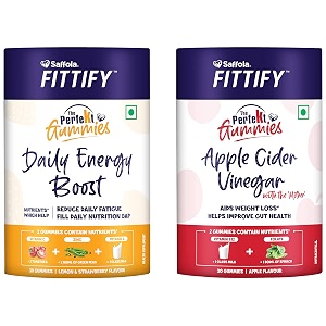 saffola fittify the perfekt daily energy boost gummies  30 gummies  lemon amp strawberry flavour amp saffola fittify the perfekt gummies  apple cider vinegar with the mother  30 gummies