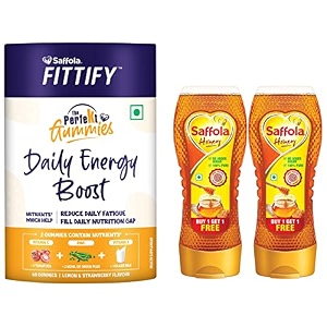 saffola fittify the perfekt gummies  daily energy boost  60 gummies amp saffola honey 100 pure nmr tested honey squeezy pack 2 x 400g buy 1 get 1
