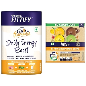 saffola fittify the perfekt gummies  daily energy boost  60 gummies amp saffola fittify hi-protein weight loss shake pack of 7 35g each