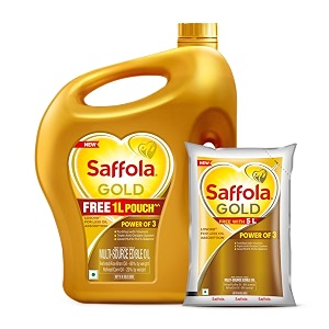 saffola gold refined cooking oil  blended of rice bran amp corn oil  5 litre jar  free 1 litre pouch
