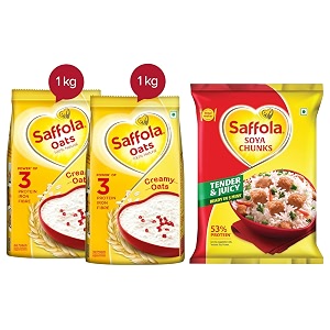 saffola oats  rolled oats  delicious creamy oats  high protein amp fibre 2kg pack of 2 x 1kg amp saffola soya chunks with supersoft technology 53 protien tender amp juicy 1kg