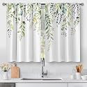 Sage Green Eucalyptus Kitchen Curtains - Spring Floral Watercolor Plant Leaves with Floral Botanical Tier Cafe Curtains for Bathroom Living RV Rod Pocket Window Drapes 36 Inch 2 Panels Set 28"x36"