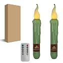 Sage Green Flameless Short Taper Candles, Real Wax Hand Dipped LED Battery Operated with Remote, Flickering Flame Lights for Festival Party Home Décor, 6.7 Inch Primitive Flameless Candles, 2PCS