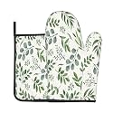 Sage Green Oven Mitts and Pot Holders Sets Eucalyptus Leaves Oven Mitts Heat Resistant Watercolor Leaf Botanical Kitchen Gloves Hot Pads Two Piece Set for Cooking Baking Grilling BBQ