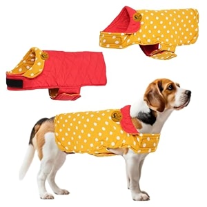 sage square reversible polka dot dog winter coat  weatherproof pet jacket insulated adjustable soft amp snug for warm amp cozy comfort for indoor amp outdoor polka yellow l - 18 inch