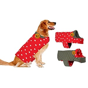 sage square reversible polka dot dog winter coat  weatherproof pet jacket insulated adjustable soft amp snug for warm amp cozy comfort for indoor amp outdoor red and grey small-medium - 14 inches