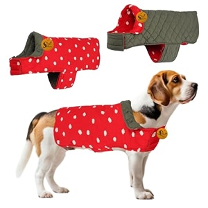 sage square reversible polka dot dog winter coat  weatherproof pet jacket insulated adjustable soft amp snug for warm amp cozy comfort for indoor amp outdoor polka red m - 16 inch