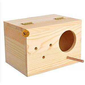 sage square natural wood mountable nest cum breeding box with perch attached for birds 634