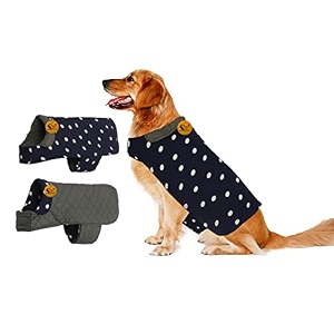 sage square reversible polka dot dog winter coat  weatherproof pet jacket insulated adjustable soft amp snug for warm amp cozy comfort for indoor amp outdoor small-medium - 14 inches navy blue amp grey