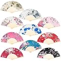 Sage Square Set, Floral Handheld Folding Chinese Fan Vintage Era touch, Fabric Folding Fan for Wedding Dancing Party, Decorations, Birthday Party, Photo Booth Random, Pack of 1, Multicolor