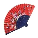 Sage Square Set, Floral Handheld Folding Chinese Fan Vintage Era Touch, Fabric Folding Fan for Wedding Dancing Party, Decorations,Birthday Party, Photo Booth (Red, Pack of 2)