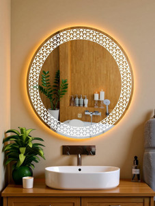 sahaj plasto led lighted wall decorative 24 x 24 for wash basin make up bathroom mirror round finish  polished