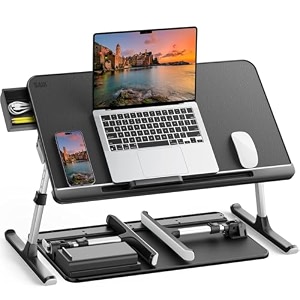 saiji laptop bed tableadjustable pvc leather laptop table 4 heights amp 4 anglesportable large desk with storage drawerfoldable perfect desk for work study reading amp more - black 33x60 cm