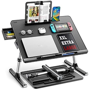 saiji laptop bed tableadjustable pvc leather laptop table 4 heights amp 4 anglesportable large desk with storage drawerfoldable perfect desk for work study reading amp more - white 33x60 cm