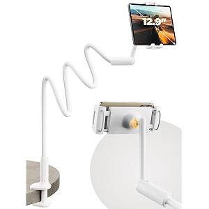 saiji gooseneck tablet holder for bed 120cm  flexible 360 rotating long arm stand with clamp base adjustable mount for all type of ipad phones kindle switch 471334  white