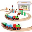 SainSmart Jr. Wooden Train Set for Toddler with Double-Side Train Tracks Fits Brio, Thomas, Melissa and Doug, Kids Wood Toy Train for 3,4,5 Year Old Boys and Girls (Small Town with Container)