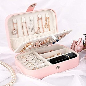 sajani pu leather small jewelry organizer for women jewelry box display storage case double layer jewelry box for earrings rings necklaces bracelets pack of 1 pink