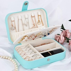 sajani pu leather small jewelry organizer for women jewelry box display storage case double layer jewelry box for earrings rings necklaces bracelets pack of 1 green