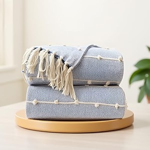 sajavat home hand-knitted pure cotton sofa throw pack of 2  blue tassel throw blanket for sofa couch amp bed  lightweight all-season decorative cover for 3 amp 5 seater  8252 inches
